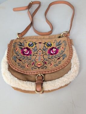 UGG Tan Suede Crossbody with Floral Embroidery Wool Trim Roomy Chic Lightweight